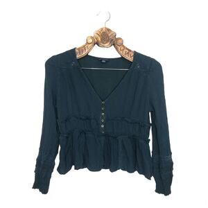American Eagle Top Long Sleeve Peplum V Neck Dark Green Button Front Lace Medium